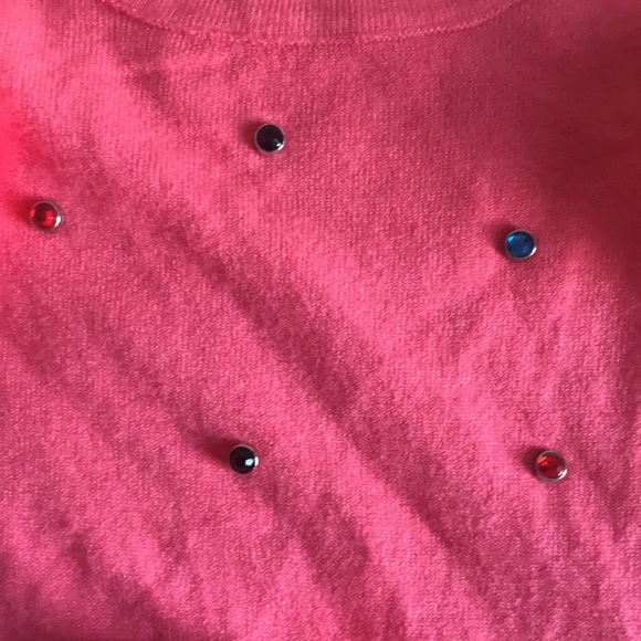 Emily Stacy thin pink sweater w/multicolored stones and pink fuzzy balls Size L - Picture 4 of 9